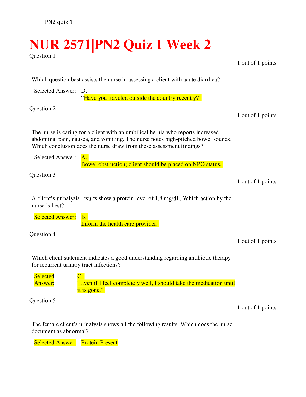 NUR 2571 PN2 Quiz 1 Week 2 Questions With Complete Updated Version